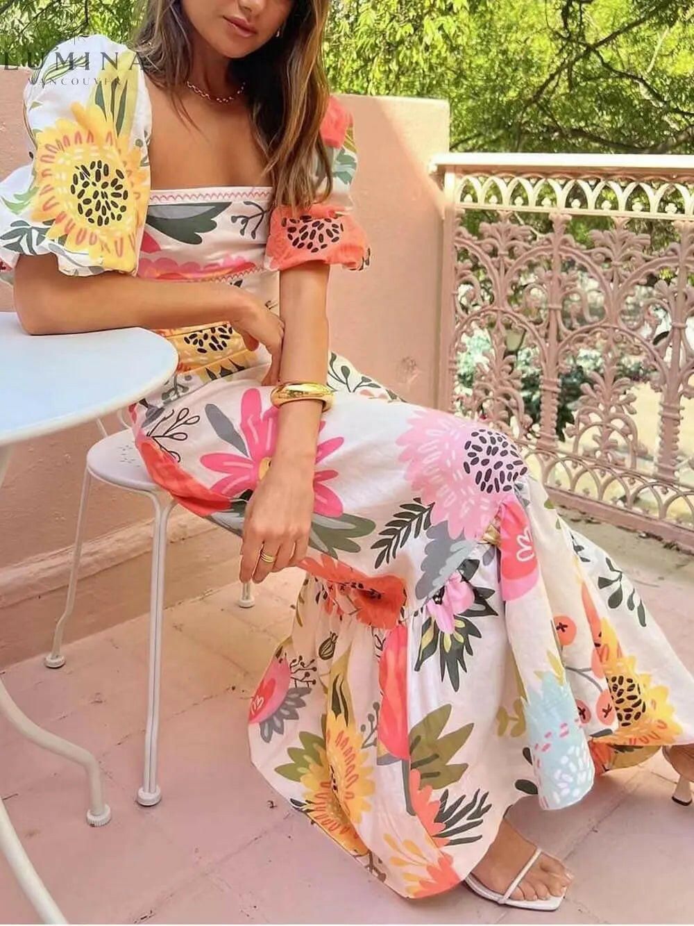 Seraphine - Floral Print Square Neck Bubble Sleeve Maxi Dress - Lumina Vancouver