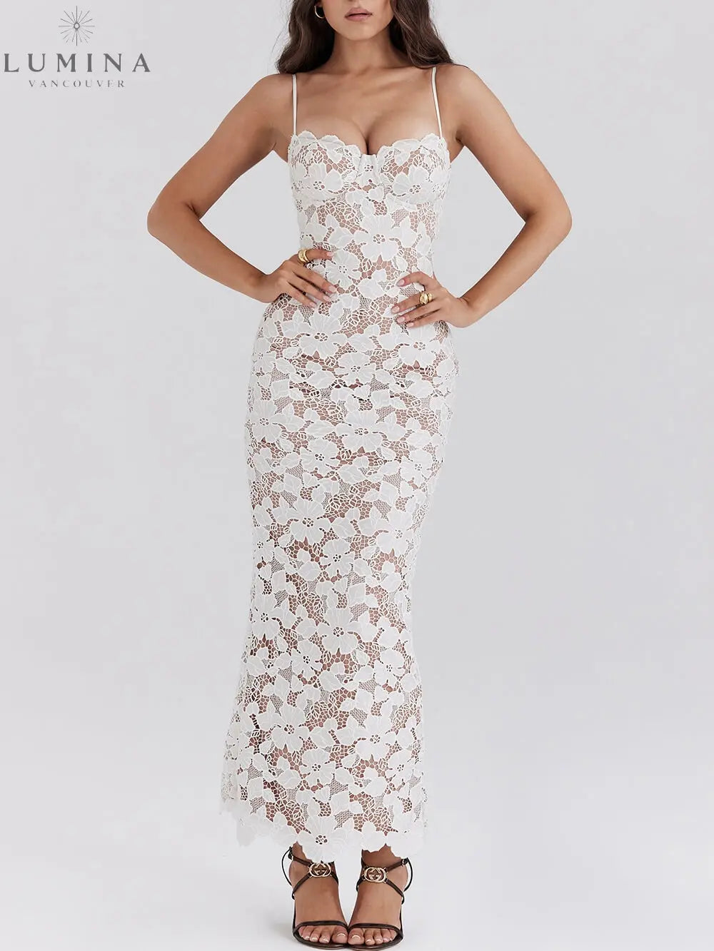 Sienna - Stylish Sexy Lace Halter See-Through Midi Dress - Lumina Vancouver