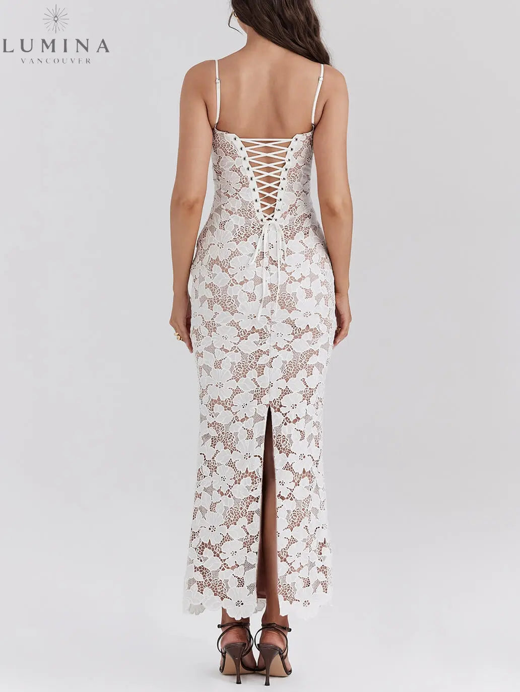 Sienna - Stylish Sexy Lace Halter See-Through Midi Dress - Lumina Vancouver