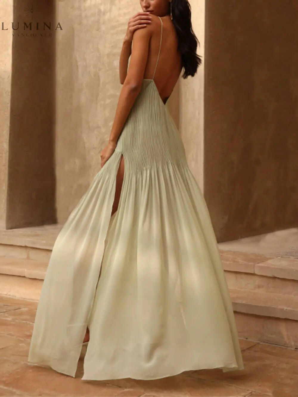 Solana - Sunset Unique Pleated Patchwork Slit Maxi Dress - Lumina Vancouver