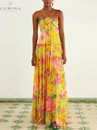 Solene - Hanging Neck Printed Floral Design Backless Straight Maxi Dress - Lumina Vancouver