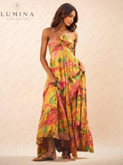 Solene - Hanging Neck Printed Floral Design Backless Straight Maxi Dress - Lumina Vancouver
