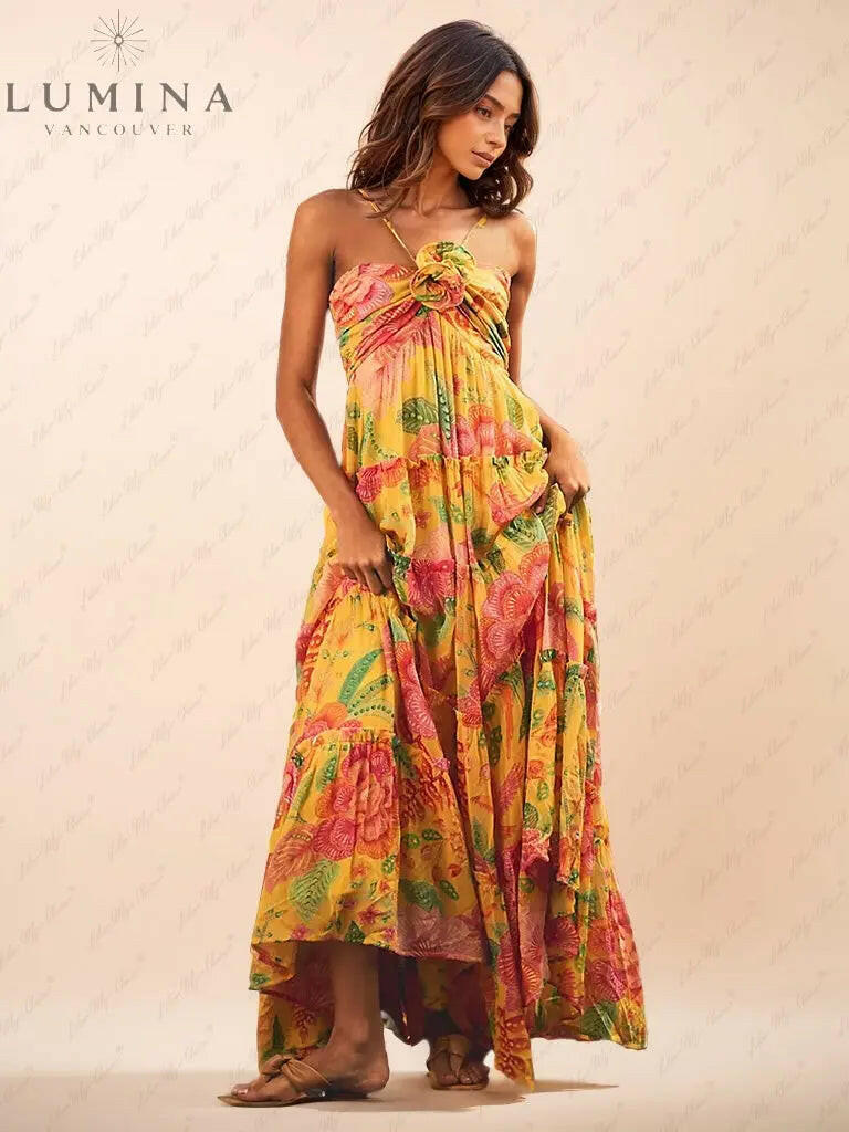 Solene - Hanging Neck Printed Floral Design Backless Straight Maxi Dress - Lumina Vancouver