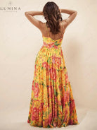 Solene - Hanging Neck Printed Floral Design Backless Straight Maxi Dress - Lumina Vancouver