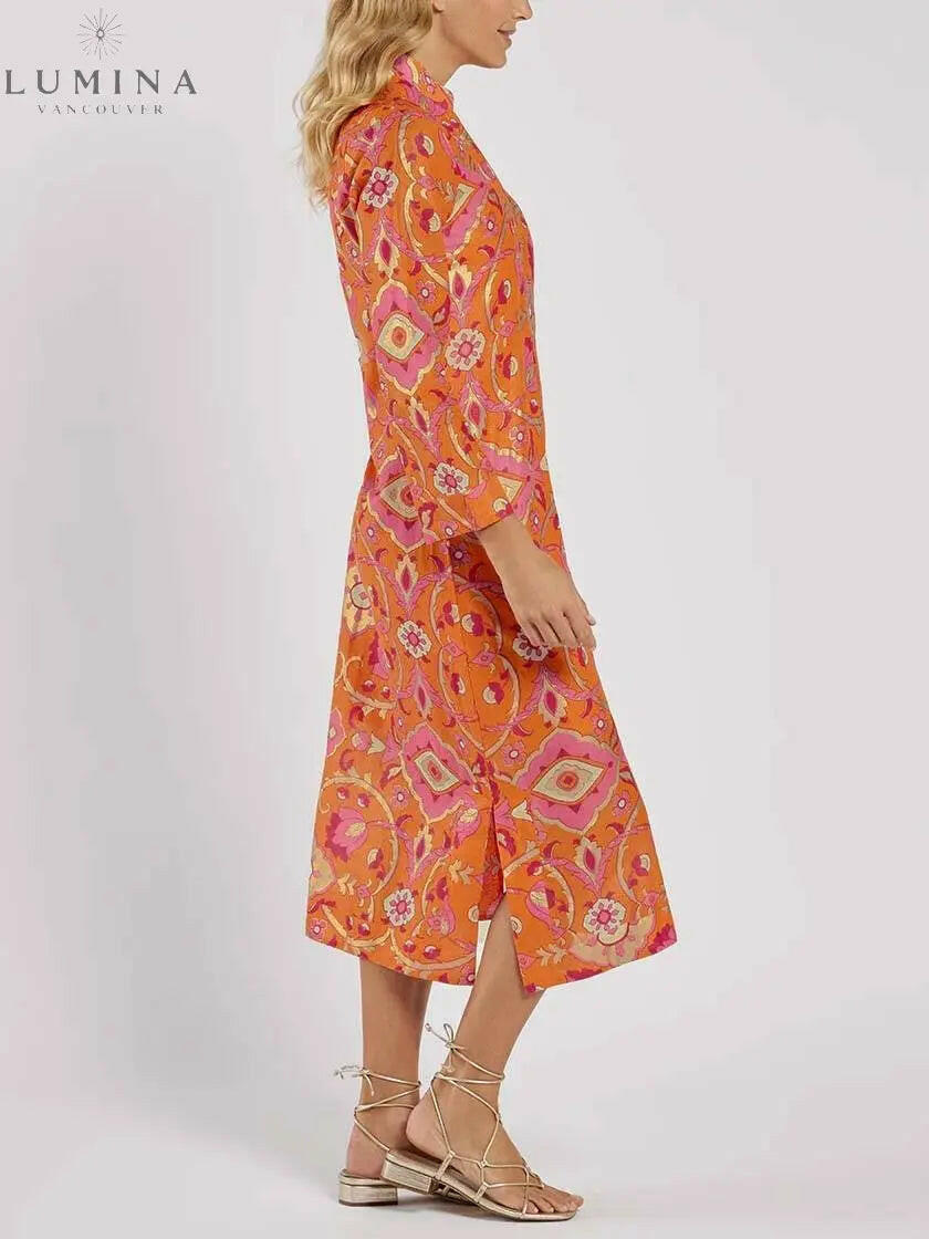 Vivienne - Stand Collar Printed Midi Dress - Lumina Vancouver