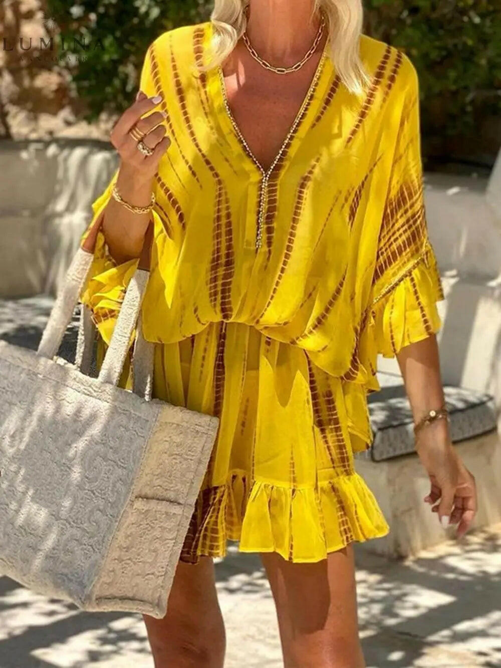 Zaria - Unique Tie Dye Ruffle Batwing Sleeve Elastic Waist Kaftan Mini Dress - Lumina Vancouver