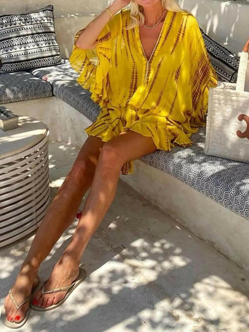 Zaria - Unique Tie Dye Ruffle Batwing Sleeve Elastic Waist Kaftan Mini Dress - Lumina Vancouver