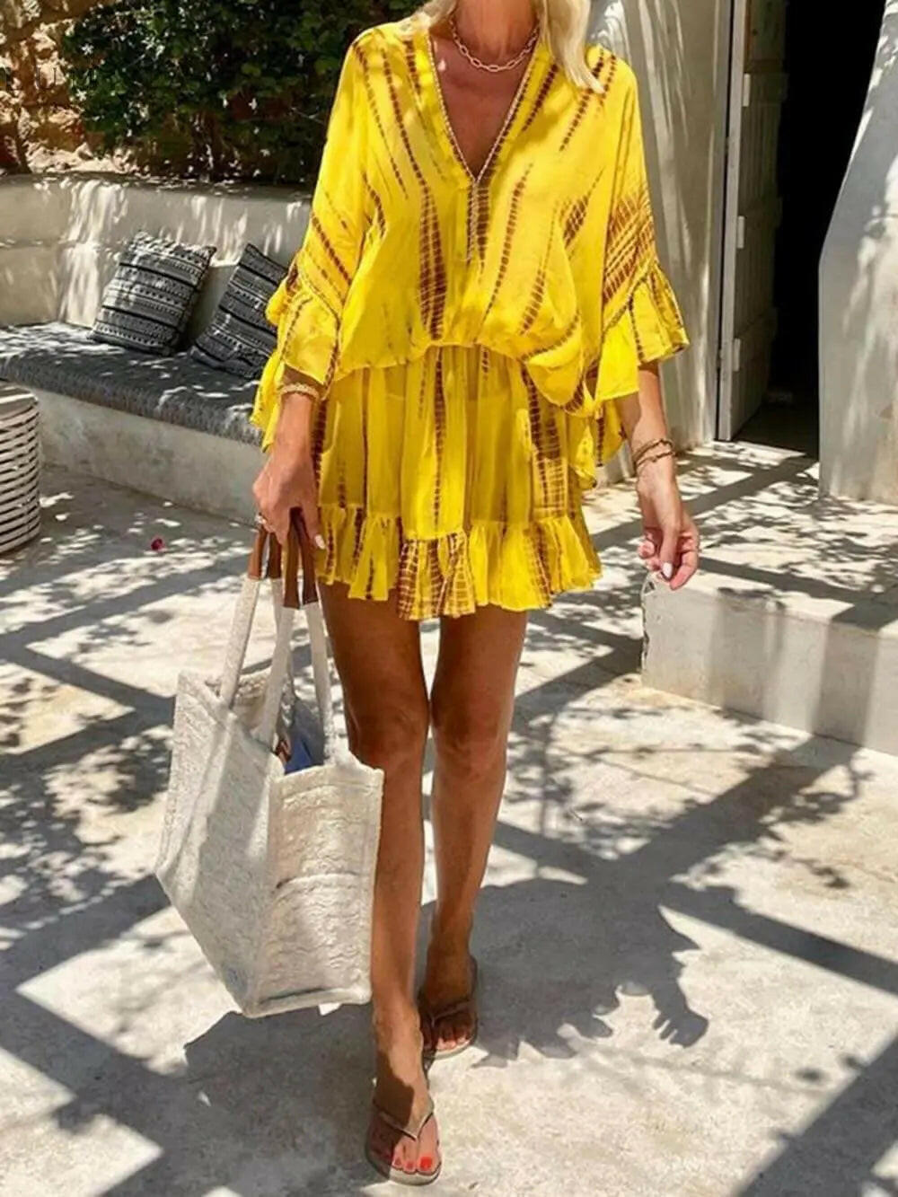 Zaria - Unique Tie Dye Ruffle Batwing Sleeve Elastic Waist Kaftan Mini Dress - Lumina Vancouver
