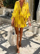Zaria - Unique Tie Dye Ruffle Batwing Sleeve Elastic Waist Kaftan Mini Dress - Lumina Vancouver