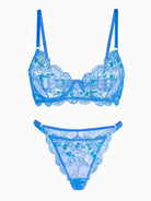 Blue Floral Embroidery Lingerie Set