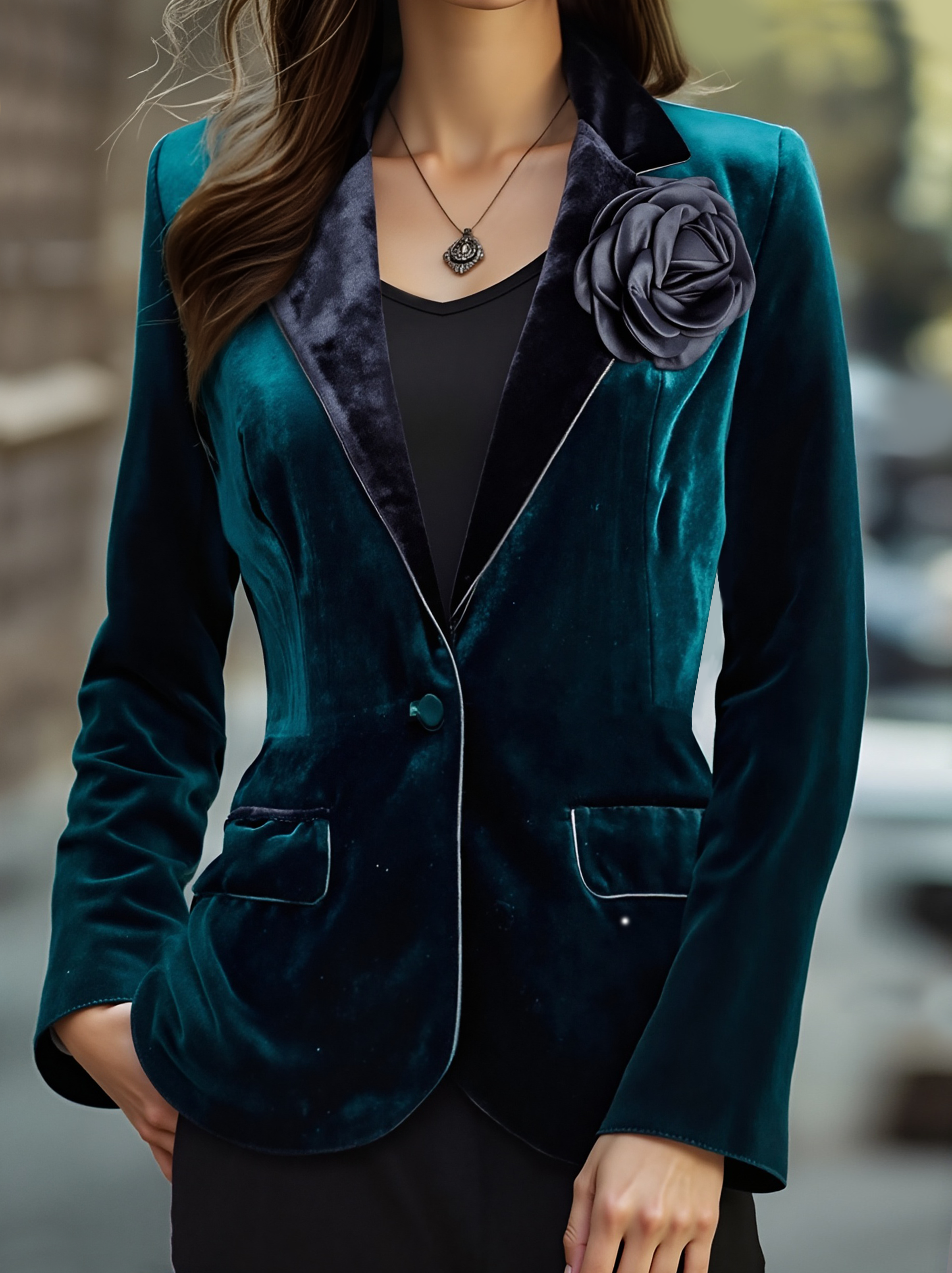 Emerald | Blazer with Satin Lapels and Rose Embroidery - Lumina Vancouver - Lumina Vancouver