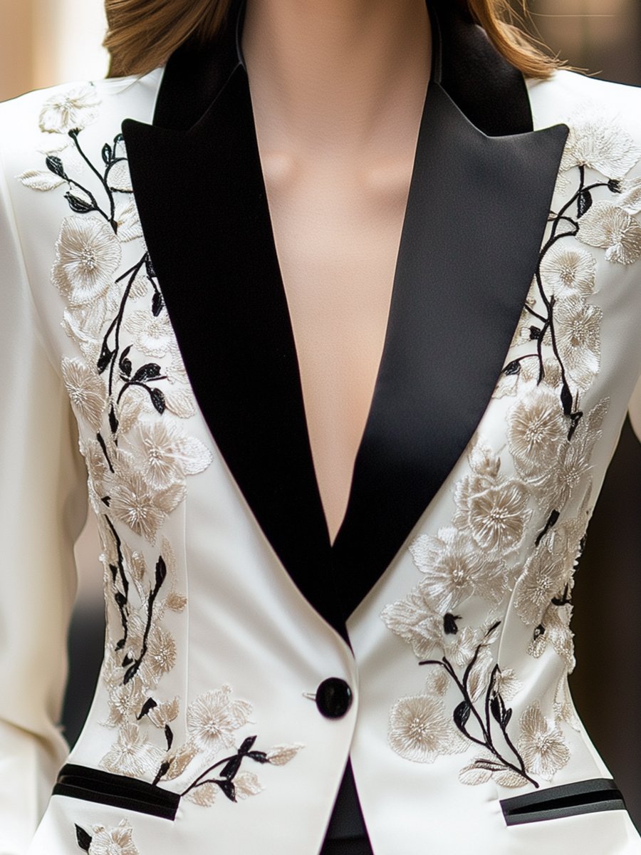 Isabelle | Ivory Satin Embroidered Blazer - Lumina Vancouver - Lumina Vancouver