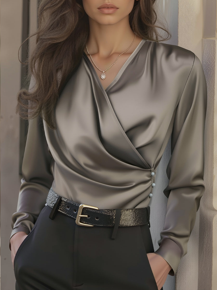 Isabelle | Brown Lace Up Satin Blouse - Lumina Vancouver - Lumina Vancouver