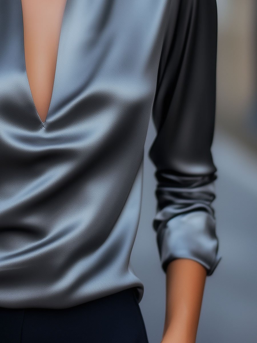 Luna | Silver Satin V-Neck Blouse - Lumina Vancouver - Lumina Vancouver