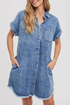 Women's Denim Shirt Dress - Relaxed Fit - Rolled Short Sleeves - Button Down Casual Wear by Lumina Vancouver