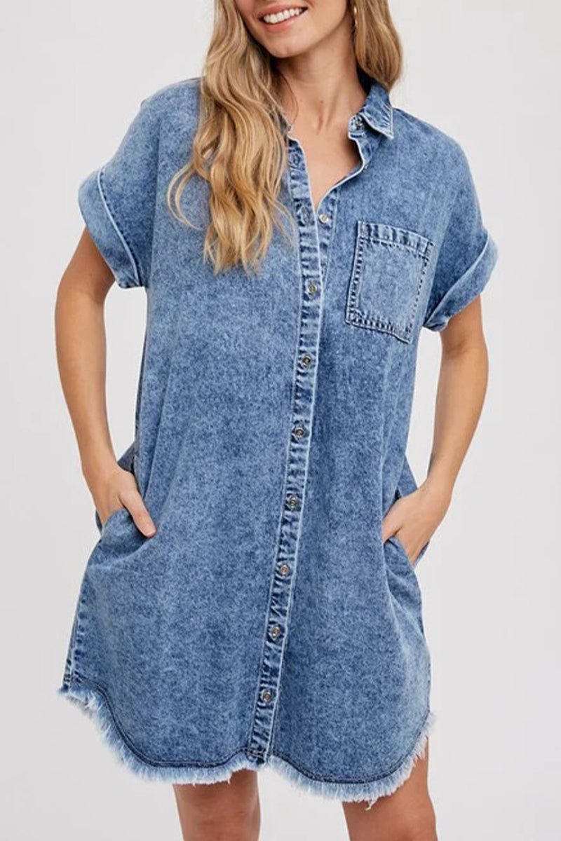 Women's Denim Shirt Dress - Relaxed Fit - Rolled Short Sleeves - Button Down Casual Wear by Lumina Vancouver