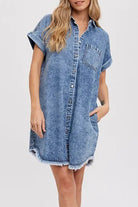 Women's Denim Shirt Dress - Relaxed Fit - Rolled Short Sleeves - Button Down Casual Wear by Lumina Vancouver