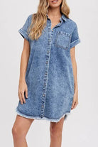 Women's Denim Shirt Dress - Relaxed Fit - Rolled Short Sleeves - Button Down Casual Wear by Lumina Vancouver