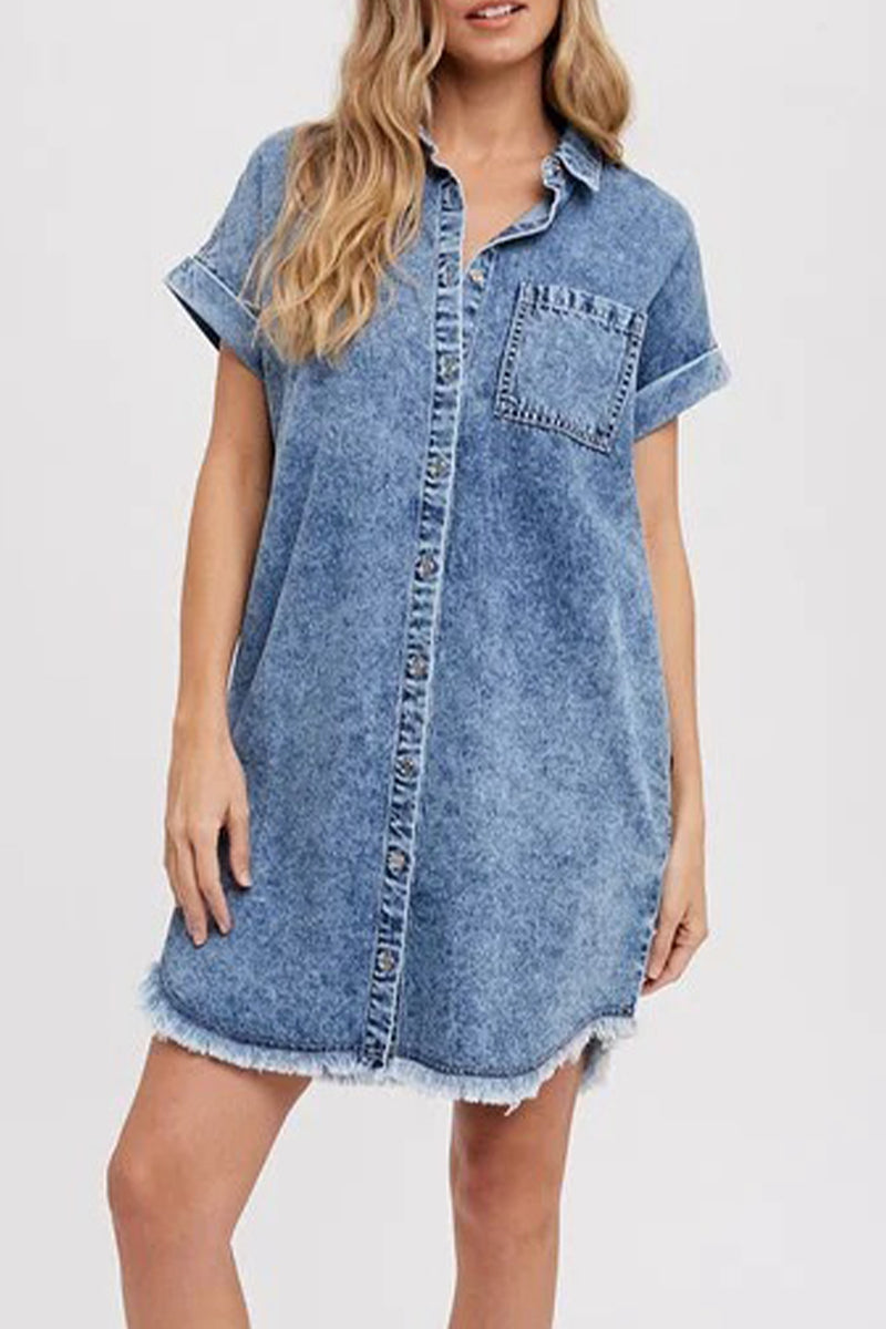 Women's Denim Shirt Dress - Relaxed Fit - Rolled Short Sleeves - Button Down Casual Wear by Lumina Vancouver