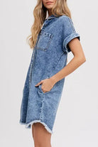 Women's Denim Shirt Dress - Relaxed Fit - Rolled Short Sleeves - Button Down Casual Wear by Lumina Vancouver