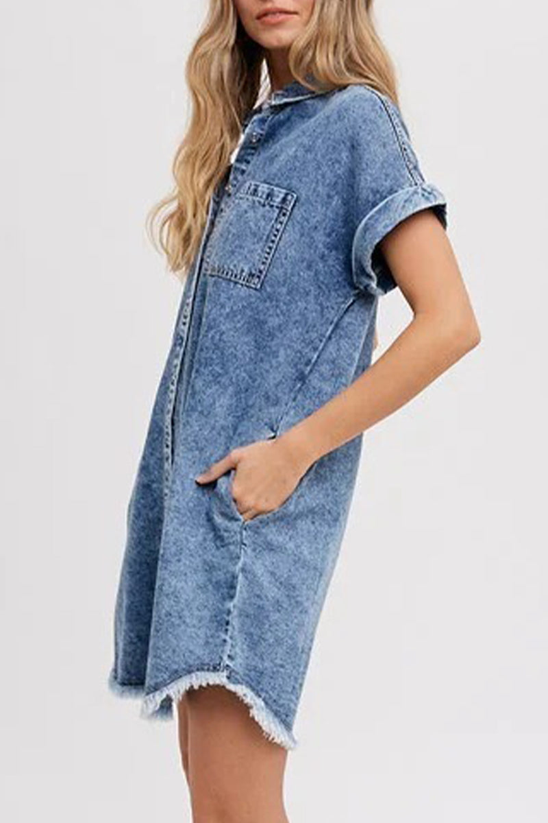 Women's Denim Shirt Dress - Relaxed Fit - Rolled Short Sleeves - Button Down Casual Wear by Lumina Vancouver