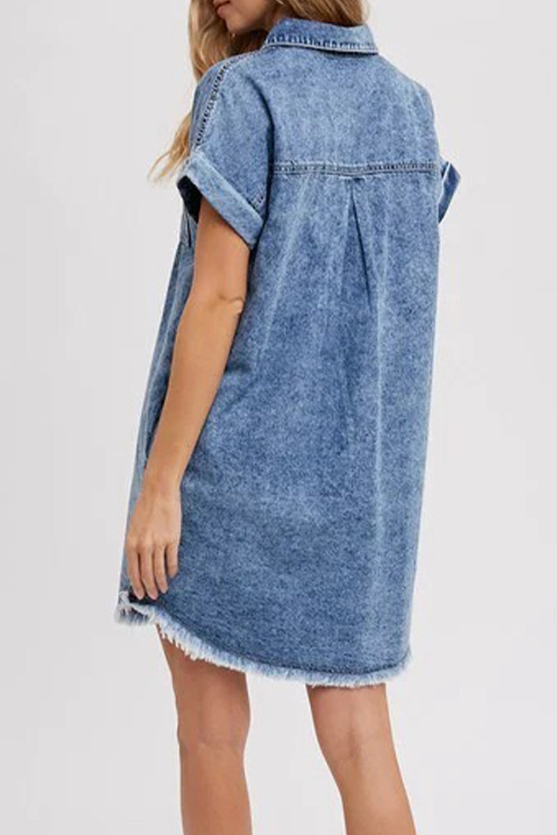 Women's Denim Shirt Dress - Relaxed Fit - Rolled Short Sleeves - Button Down Casual Wear by Lumina Vancouver