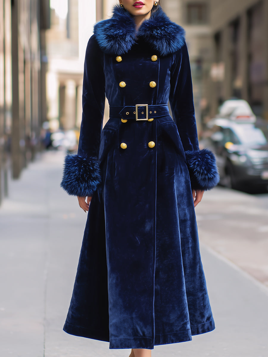 Royal Velvet | Double-Breasted Faux Fur Trim Long Coat - Lumina Vancouver - Lumina Vancouver