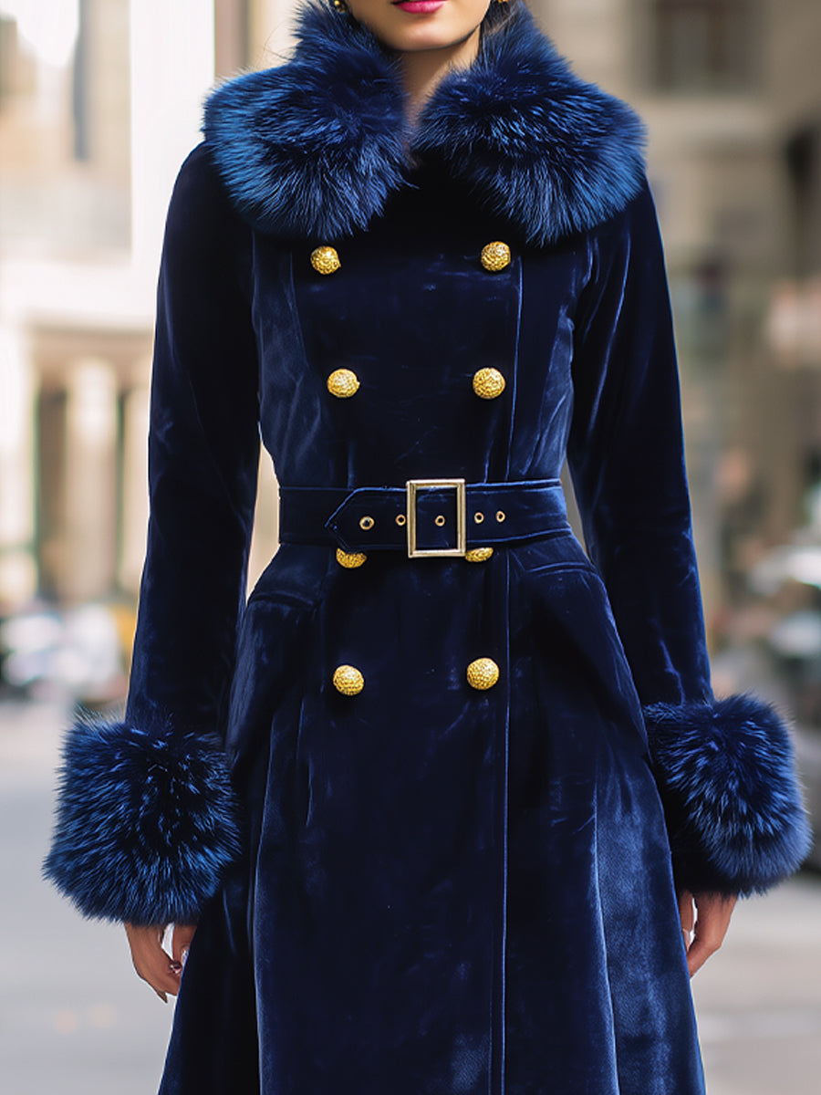 Royal Velvet | Double-Breasted Faux Fur Trim Long Coat - Lumina Vancouver - Lumina Vancouver