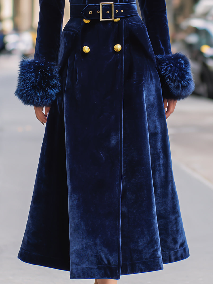 Royal Velvet | Double-Breasted Faux Fur Trim Long Coat - Lumina Vancouver - Lumina Vancouver