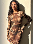 Tiger Stripe Print Round Neck Mesh Dress