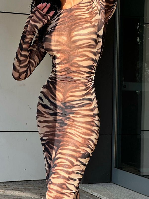 Tiger Stripe Print Round Neck Mesh Dress