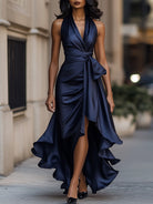 Midnight Elegance | Satin Halter Ruffle Gown-Lumina Vancouver - Lumina Vancouver