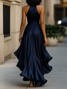 Midnight Elegance | Satin Halter Ruffle Gown-Lumina Vancouver - Lumina Vancouver