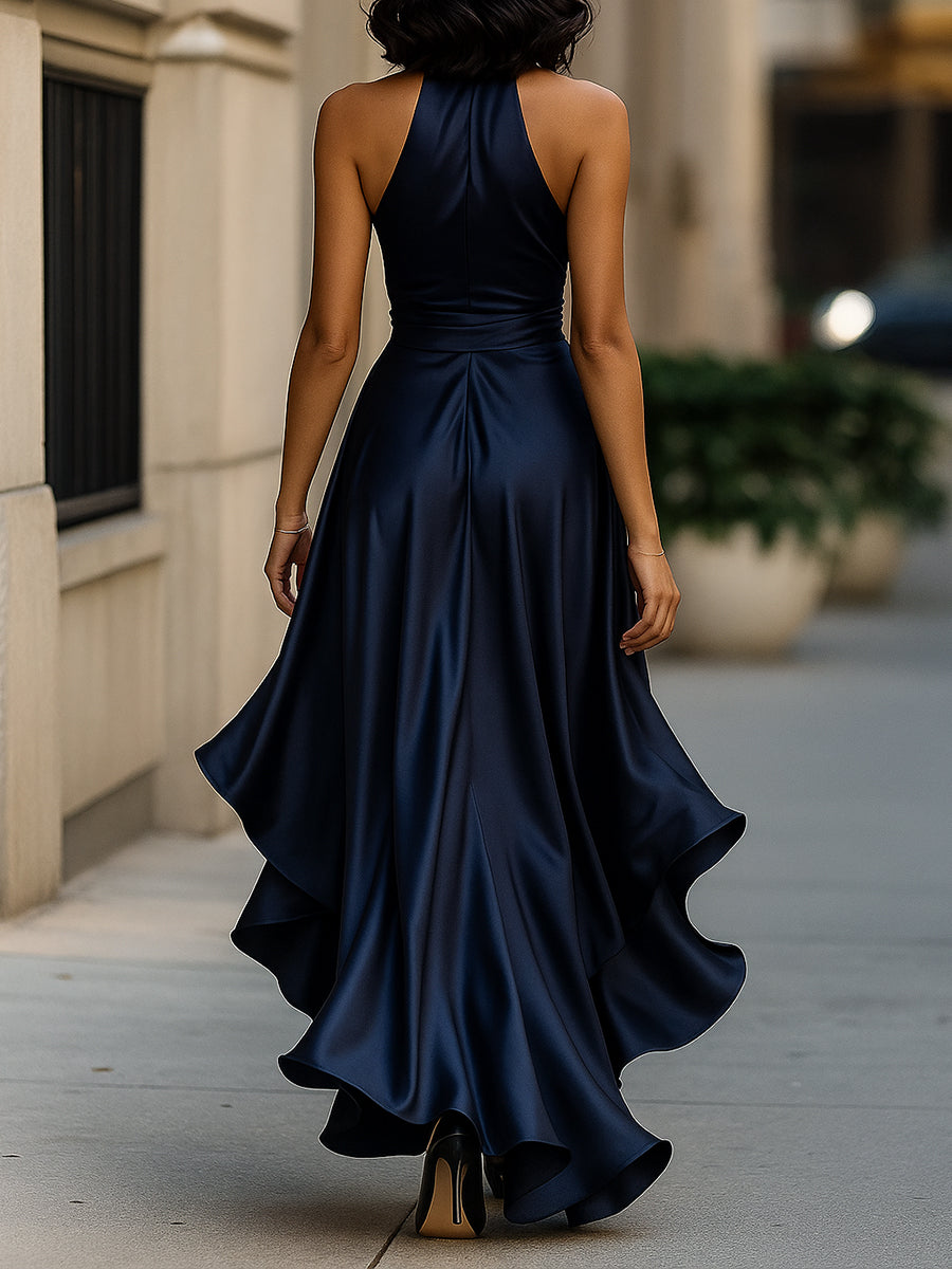 Midnight Elegance | Satin Halter Ruffle Gown-Lumina Vancouver - Lumina Vancouver