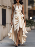 Midnight Elegance | Satin Halter Ruffle Gown-Lumina Vancouver - Lumina Vancouver