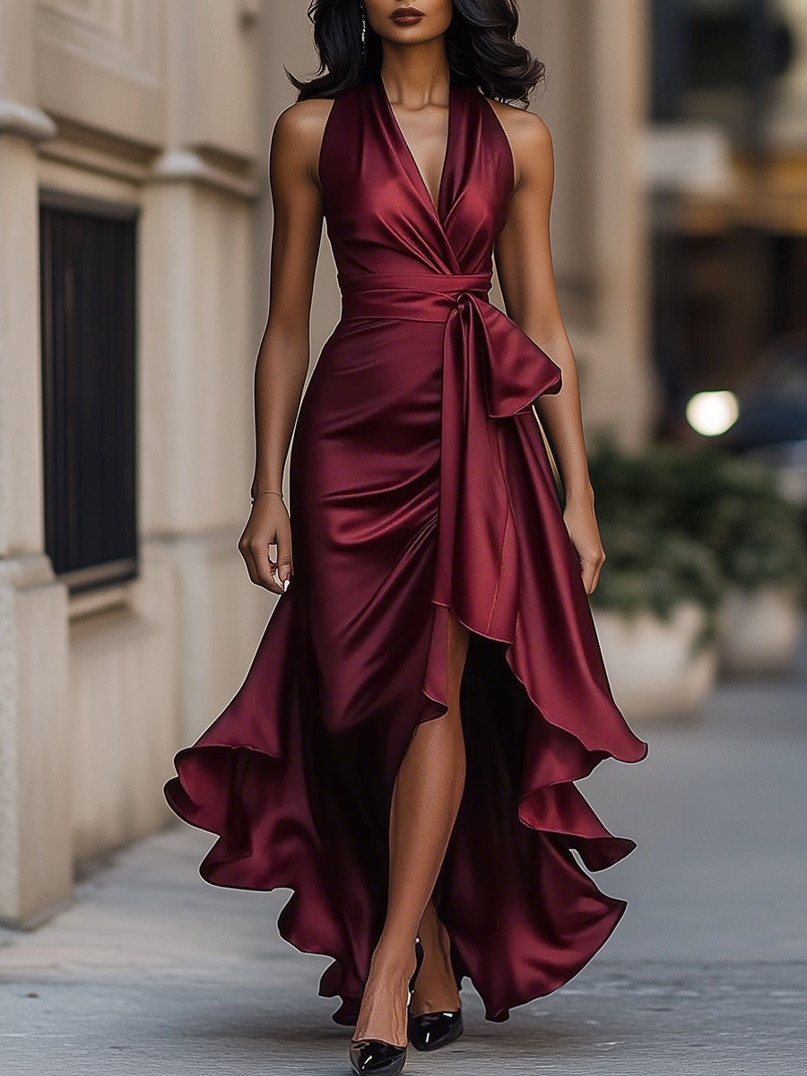 Midnight Elegance | Satin Halter Ruffle Gown-Lumina Vancouver - Lumina Vancouver