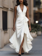 Midnight Elegance | Satin Halter Ruffle Gown-Lumina Vancouver - Lumina Vancouver