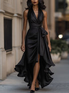 Midnight Elegance | Satin Halter Ruffle Gown-Lumina Vancouver - Lumina Vancouver