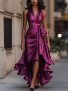 Midnight Elegance | Satin Halter Ruffle Gown-Lumina Vancouver - Lumina Vancouver