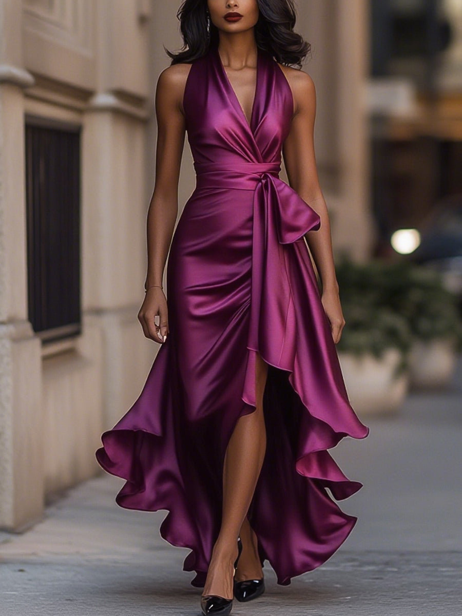 Midnight Elegance | Satin Halter Ruffle Gown-Lumina Vancouver - Lumina Vancouver