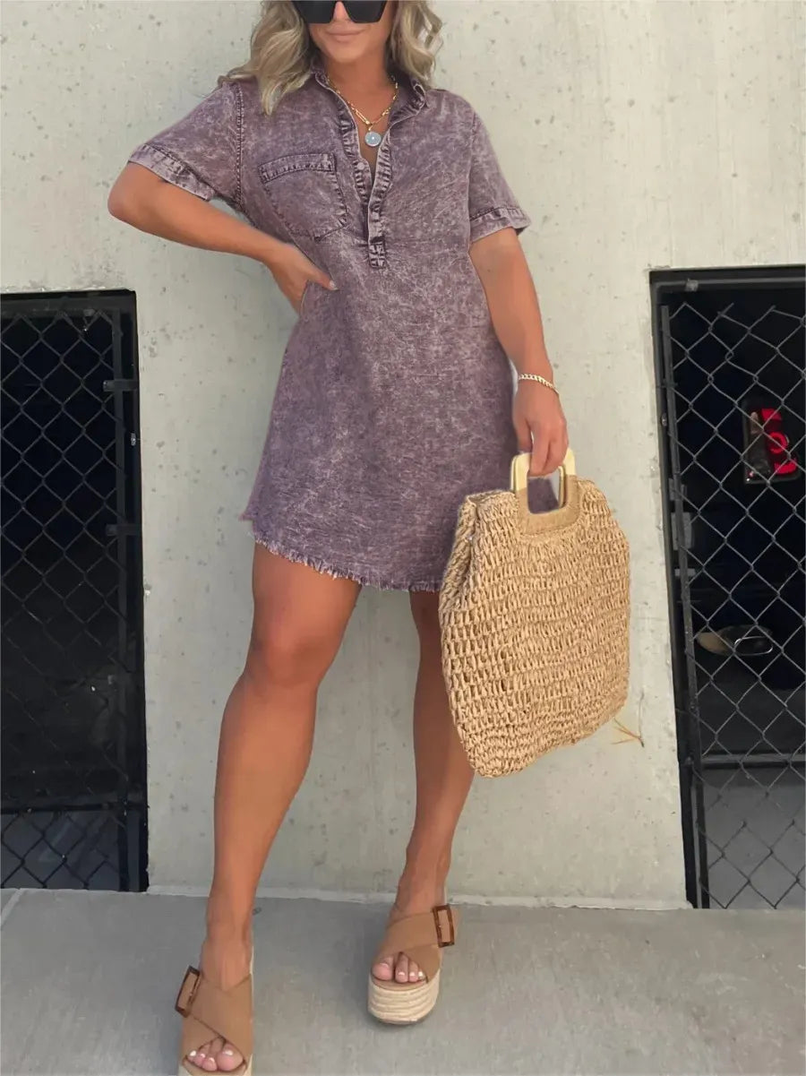 Women's Denim Shirt Dress - Short Sleeve Button Down - Casual Relaxed Fit by Lumina Vancouver