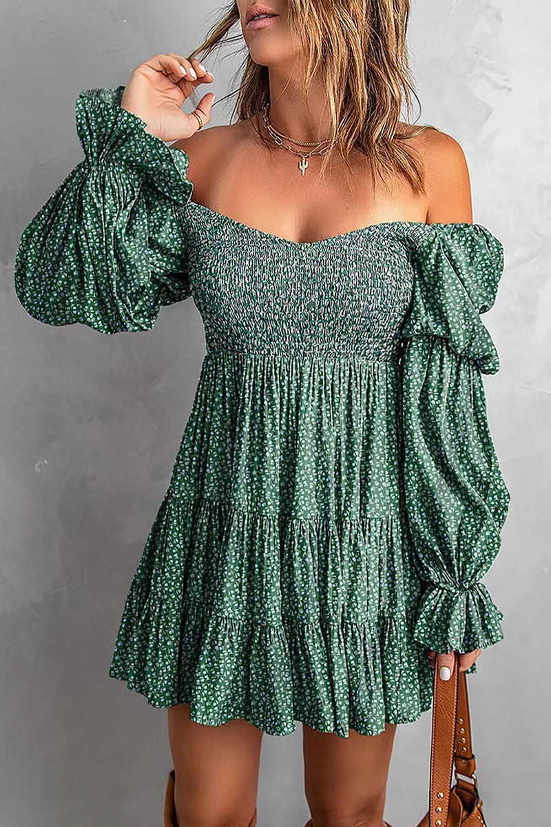 Women's Off-Shoulder Mini Dress - Smocked Bodice - Long Sleeve Tiered Skirt by Lumina Vancouver
