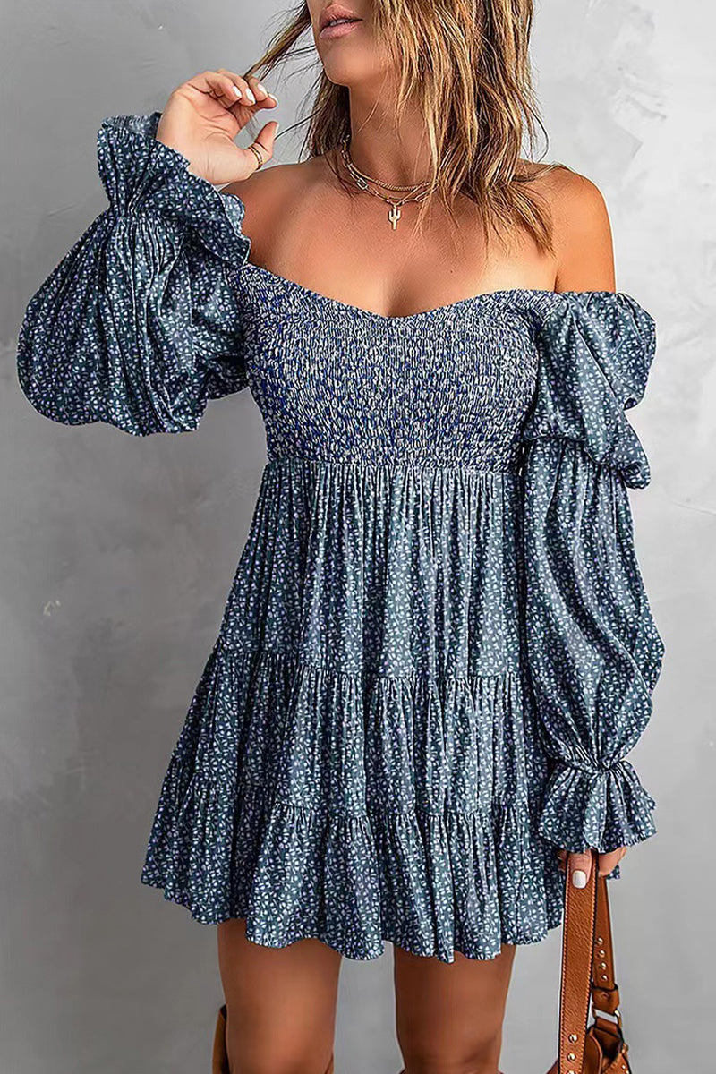 Women's Off-Shoulder Mini Dress - Smocked Bodice - Long Sleeve Tiered Skirt by Lumina Vancouver