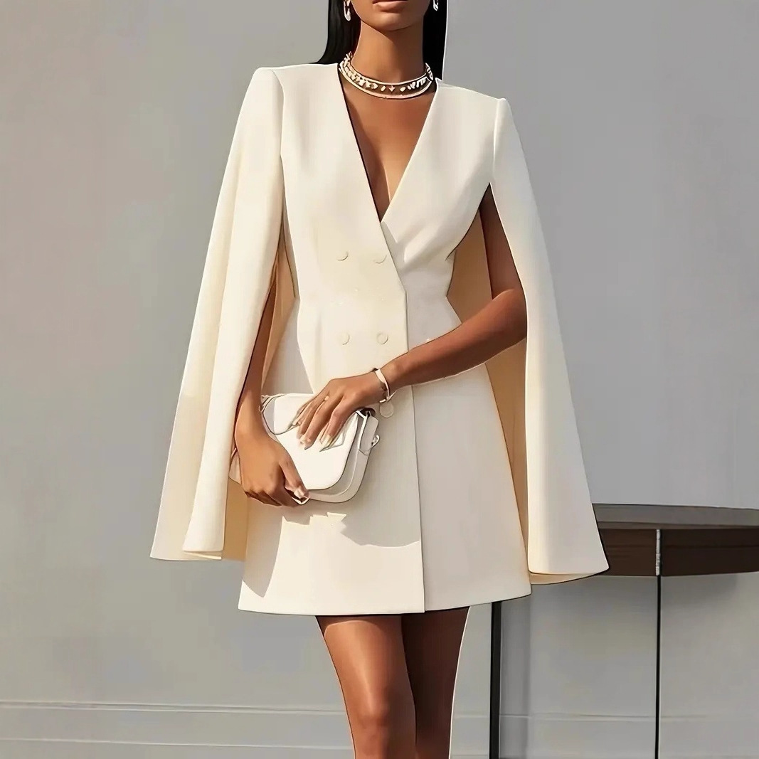Women’s Mini Dress – Tailored Fit – Double-Breasted – Shawl Cape – V-Neck Structured by Lumina Vancouver