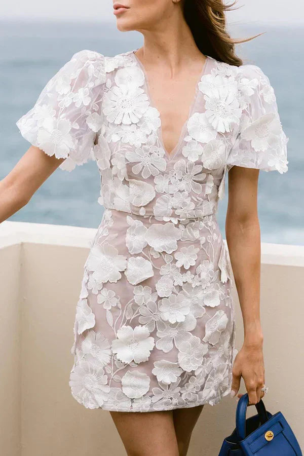 Women’s Mini Dress – Fitted Silhouette – Puff Sleeves – Deep V-Neck – Floral Embroidery by Lumina Vancouver