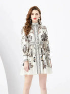 Women's Embroidered Short Dress - High Neck - Long Sleeve - Belted A-Line Elegant Wear by Lumina Vancouver