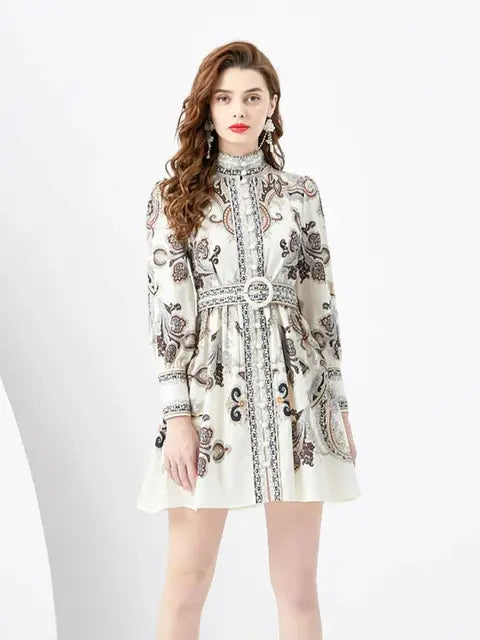 Women's Embroidered Short Dress - High Neck - Long Sleeve - Belted A-Line Elegant Wear by Lumina Vancouver