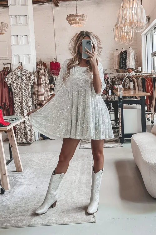 Women's Mini Dress - Loose Fit Tiered Design - Sparkling Lightweight Fabric - Elbow Sleeve by Lumina Vancouver