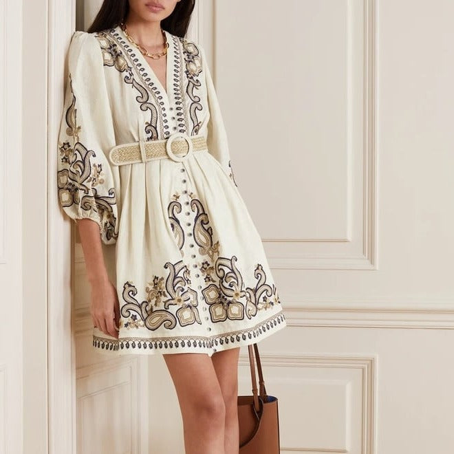 Women's Embroidered Dress - V-Neck - Three-Quarter Sleeve - Belted Waist - Boho Style by Lumina Vancouver