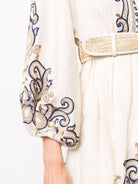 Women's Embroidered Dress - V-Neck - Three-Quarter Sleeve - Belted Waist - Boho Style by Lumina Vancouver